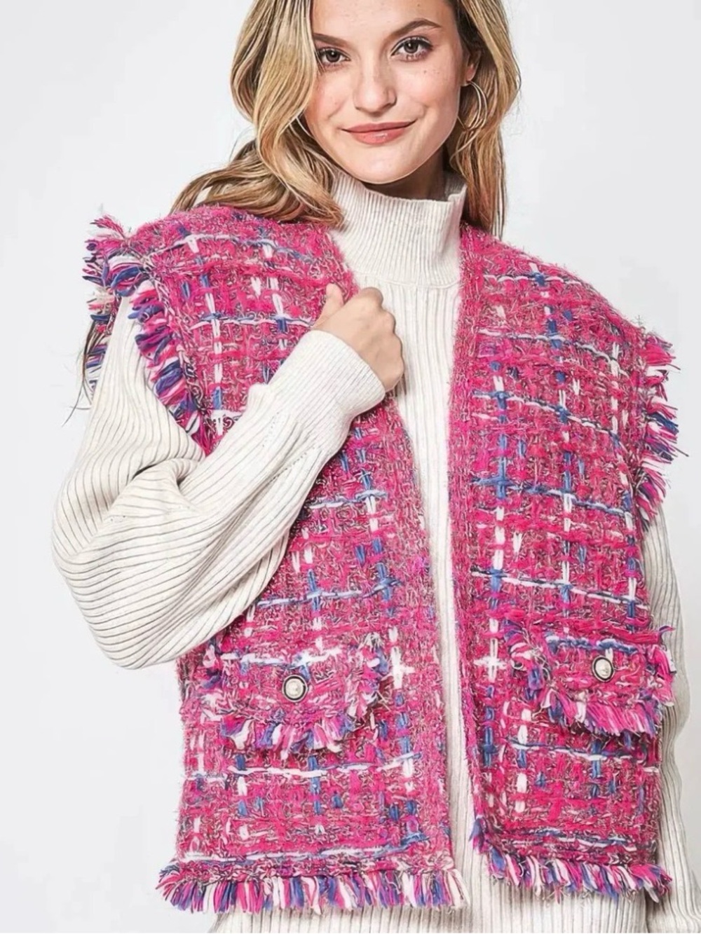 Anna & Ava Pink Tweed Fringe Vest Like New One Size
